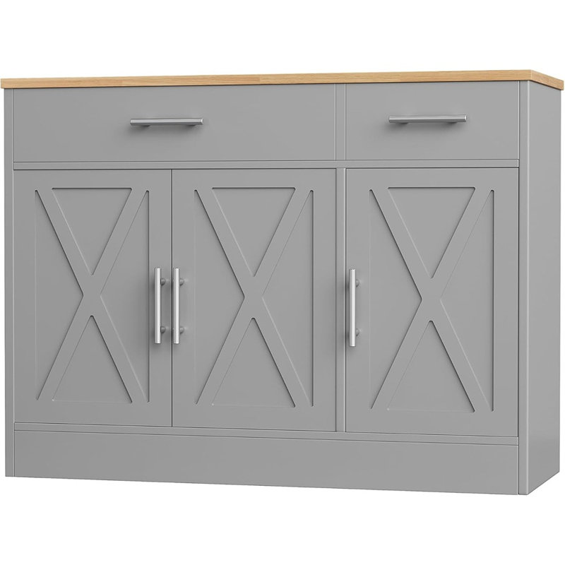 Farmhouse Sideboard Buffet With 3 Doors & Adjustable Shelf – Grey