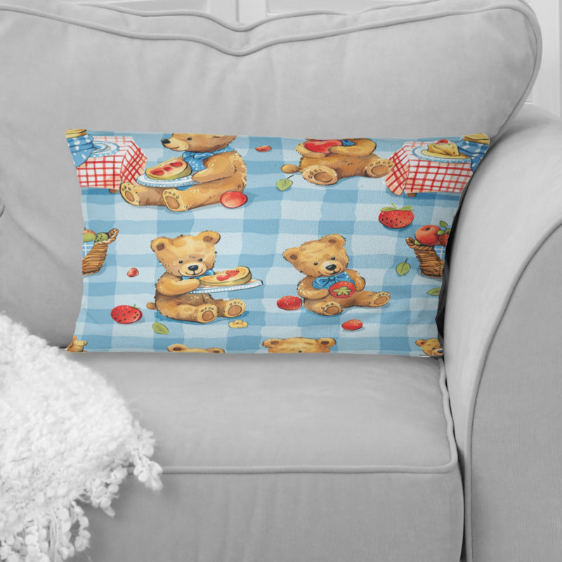 Pink Brown Teddy Bear Picnic II - Children Lumbar Pillow