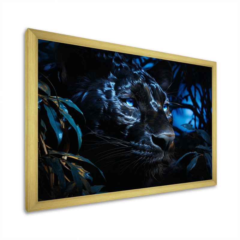 Panthère noire au clair de lune - art mural Panther Large, H 24 po x l 32 po x P 1 po, Cadre doré simple