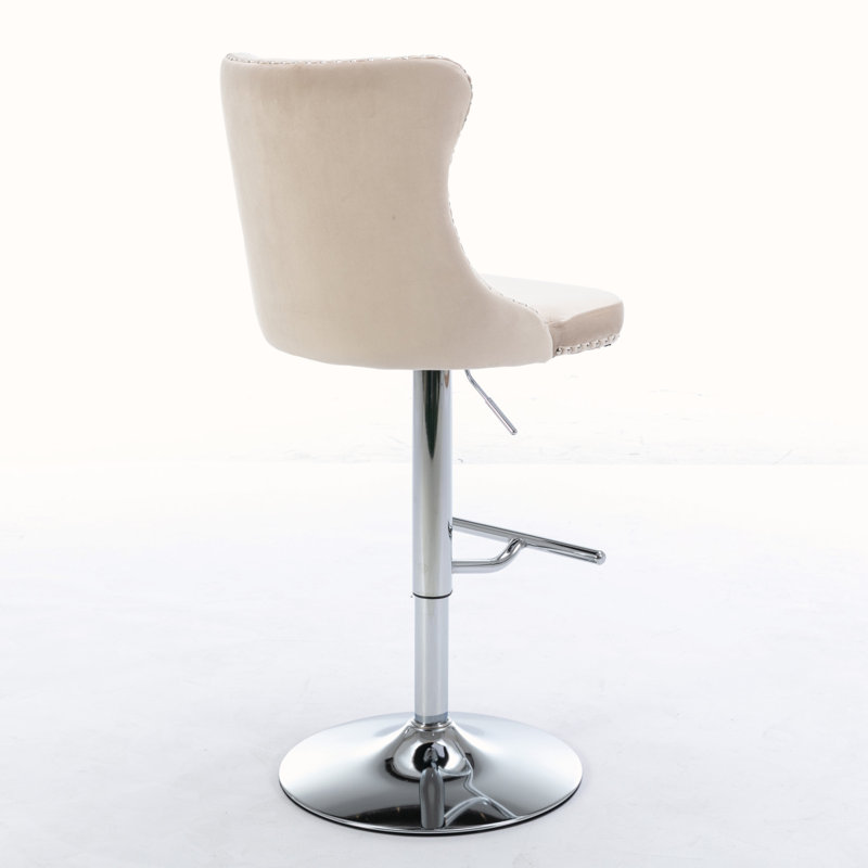 Swivel Velvet Bar Stools Set of 2, Adjustable Height 25-33 Inch, Upholstered Seat with Tufted Back and Chrome Base – Beige