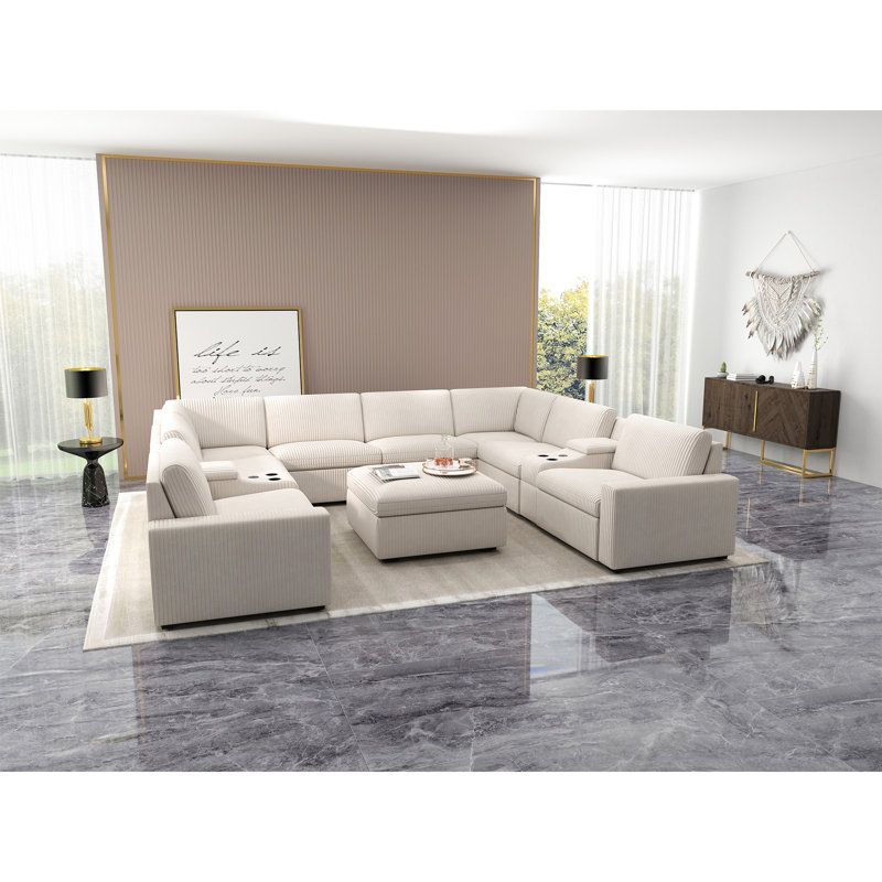 Canapé modulaire 11 pièces Annistyn, Velours côtelé albâtre blanc