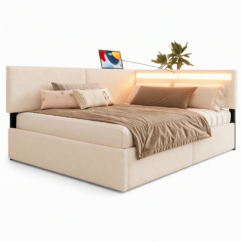 Cadre de lit rembourré avec tête de lit, 2 tiroirs de rangement, éclairage DEL et port USB, pieds en bois massif, sommier non nécessaire, tête de lit à droite (matelas non inclus)