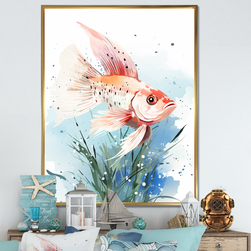 Papillon rose sous l'eau - Art mural, Cadre flottant doré, 40" H x 30" W