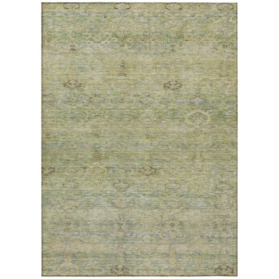 5' X 8' Green And Gold Oriental Washable Indoor Outdoor Area Rug