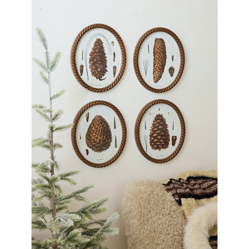 Art mural en verre ovale torsadé en bois récupéré, motif pomme de pin, ensemble de 4