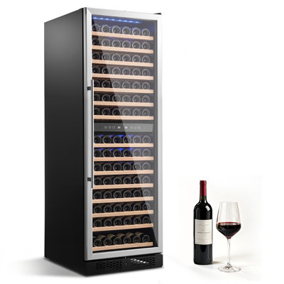 24 inch Wine Fridge 160-Bottle Wine Cooler Refrigerator for Home Bar, Dual Zone, Built-in or Freestanding Compressor Wine Cellar, with Lock, 40℉-65℉ Temp Control, Glass Door, and LED lighting