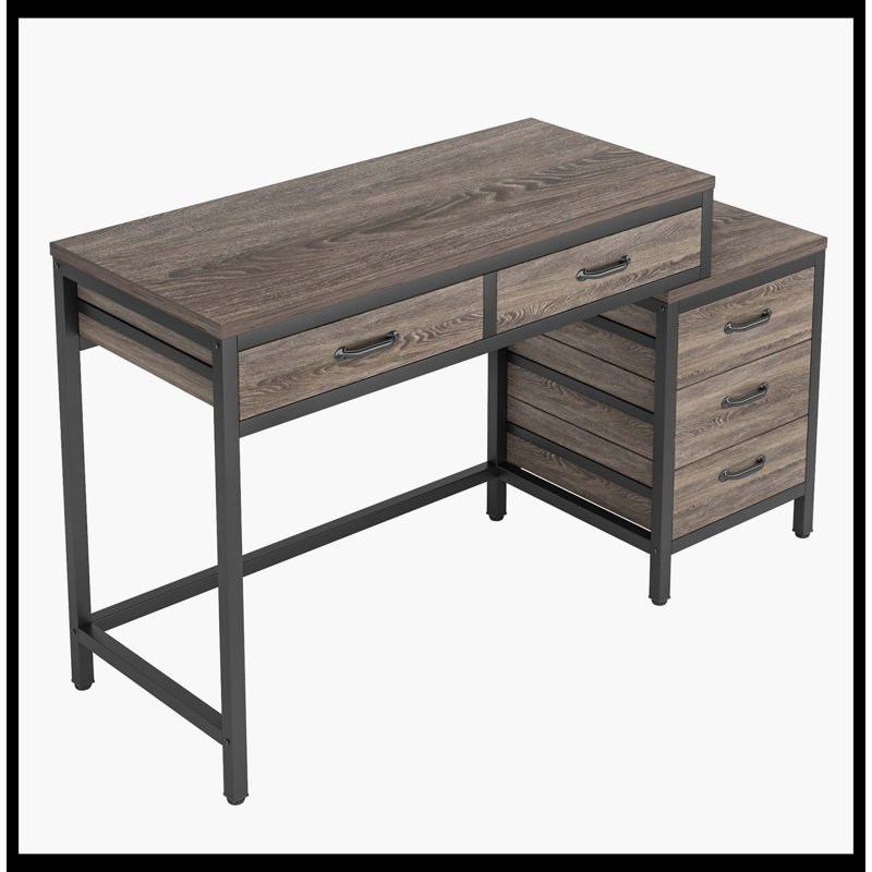 Bureau d'ordinateur à 5 tiroirs, bureau d'écriture avec commode réversible, Gris, Gris