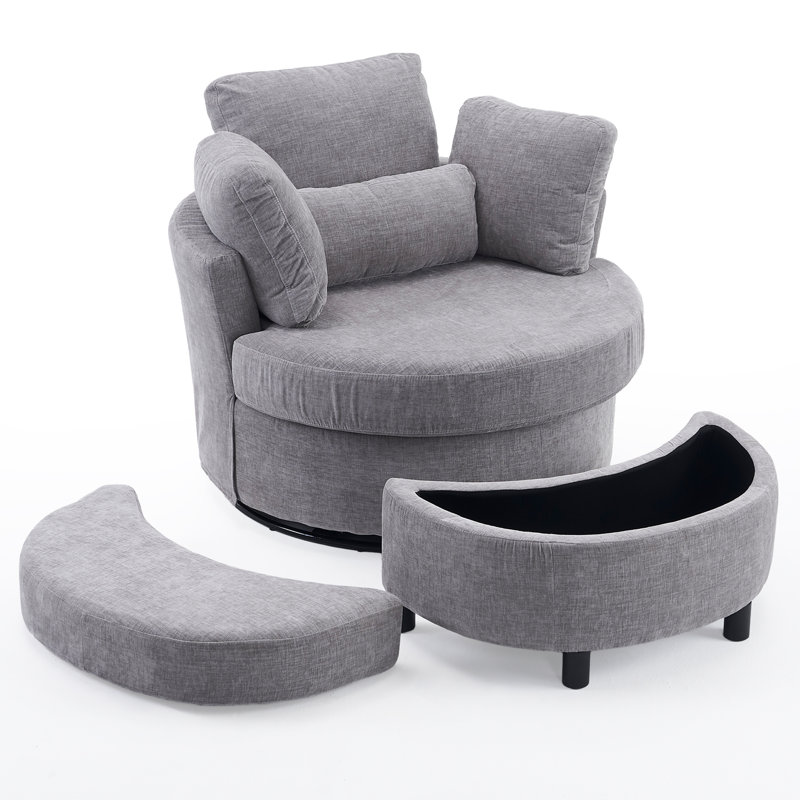 Swivel Armchair with Footstool, Grey Chenille
