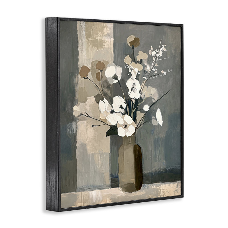 Vase floral neutre encadré par Ramona Murdock, Giclée encadrée noir minuit, H 14 po x l 11 po