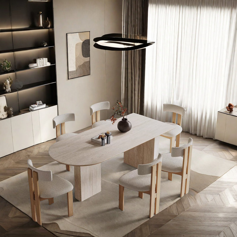 Semi-oval Design Dining Table And Chair 6 - Person Double Pedestal Dining Set, 29.5"H x 55.1"L x 31.4"W