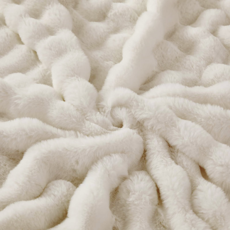 Throw Blanket For Couch Super Soft Cozy Bubble Blankets, Fleece Faux Rabbit Fur Blanket For Bed Sofa, 50" W x 60" L, Beige