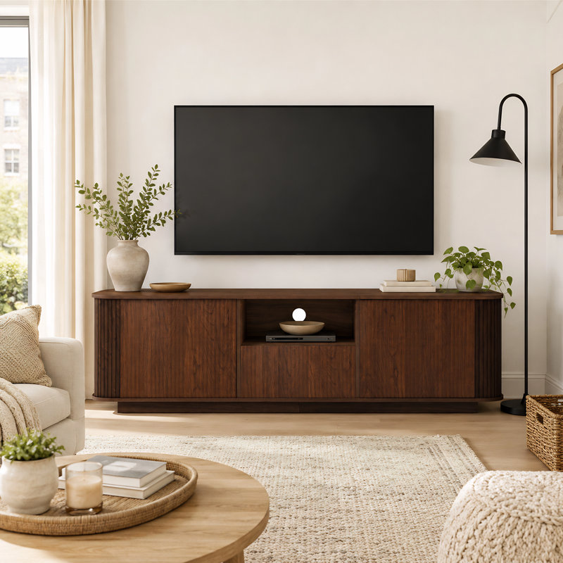 Meuble télé moderne pour téléviseur de 80 po ou moins avec coins arrondis, console multimédia de salon avec tiroir, rangement ouvert et armoire