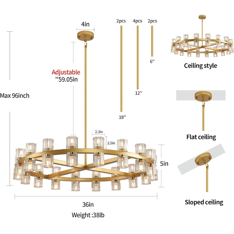 Mion 36 - Light Dimmable Wagon Wheel Chandelier, Brass