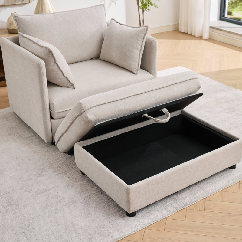 Très grand fauteuil d'appoint en chenille surdimensionné à assise profonde, méridienne rembourrée, repose-pieds avec rangement assorti et trois coussins décoratifs, parfait pour un appartement, une chambre à coucher ou un salon