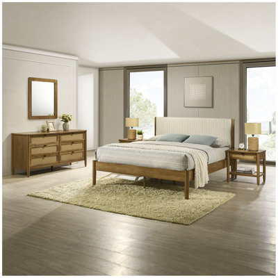 Vichy 5-Piece Rubberwood Bedroom Set with Corduroy Upholstered Queen Bed, Dresser, Mirror, and 2 Nightstands