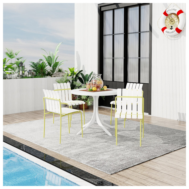 Ensemble de salle à manger d'extérieur 5 pièces avec table ronde et 4 chaises rayées 5 pièces