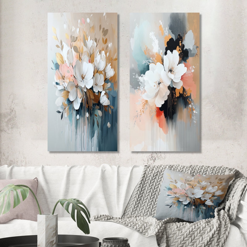 «White Brushstroke», peinture abstraite florale I - ensemble de 2 décorations murales botaniques en métal, H 40 po x l 40 po