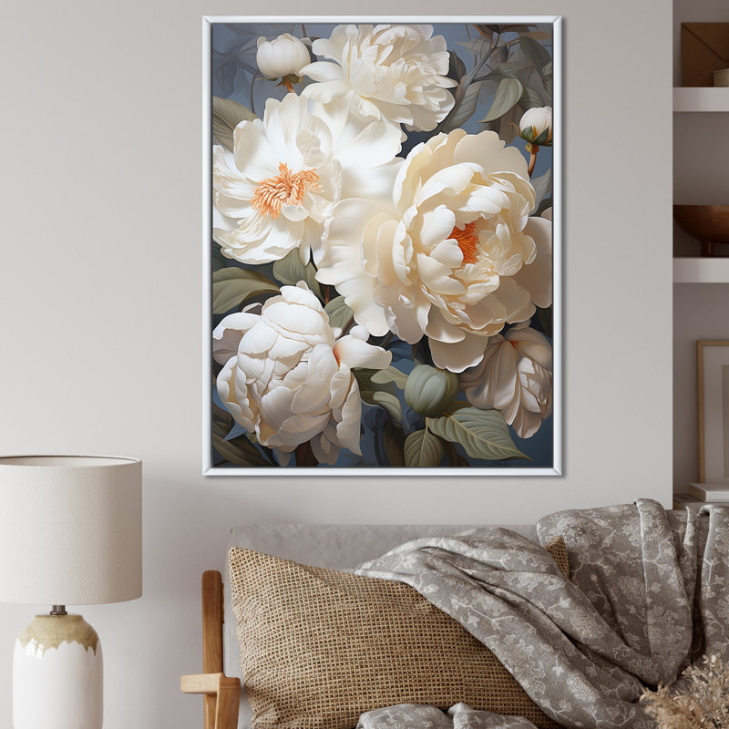 «Beige Fragrant Peony Bliss I» sur toile, H 40 po x l 30 po x P 1,5 po, Cadre flottant blanc
