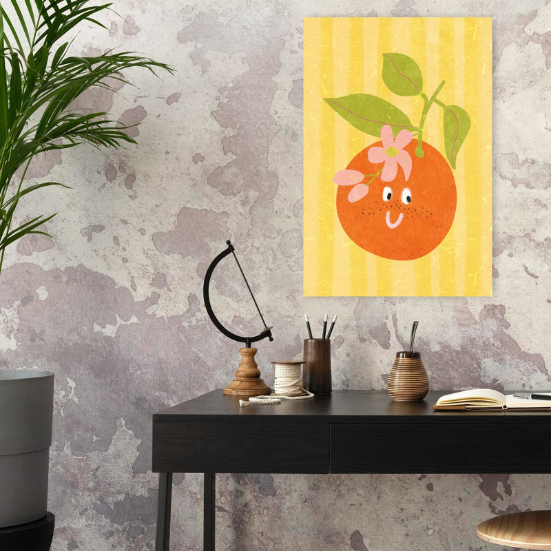 «Hello Orange Playful Vibrant Whimsical Flower Fruit», art mural, H 24 po x l 16 po