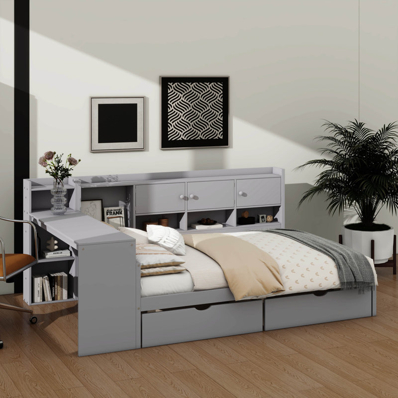  Wooden L-Shaped Daybed With Seven Storage Spaces And Two Drawers, Multi-Functional Bed With Built-In Study Desk And Bookshelf
