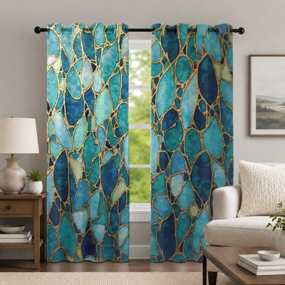 2 pièces rideaux à motif géométrique bleu sarcelle et or, rideaux de fenêtre de style mosaïque, panneaux à œillets à épissures artistiques contemporains, habillage de fenêtre pour le décor de la chambre à coucher