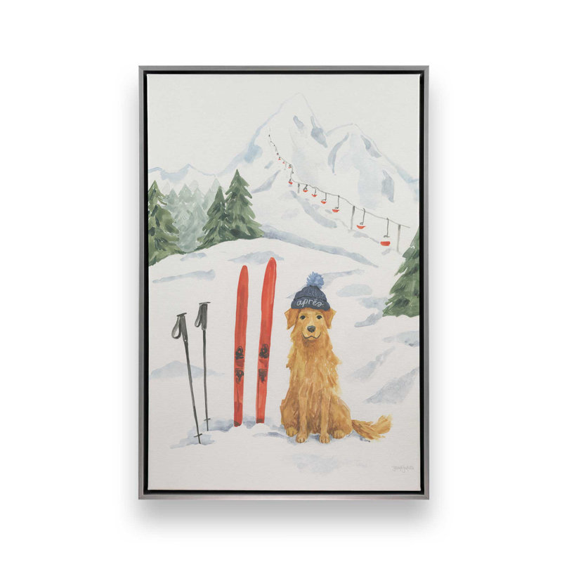 «Apres Ski Dogs» par Jenaya Jackson, reproduction d'art, H 32 po x l 24 po, Cadre flottant, Argent argent