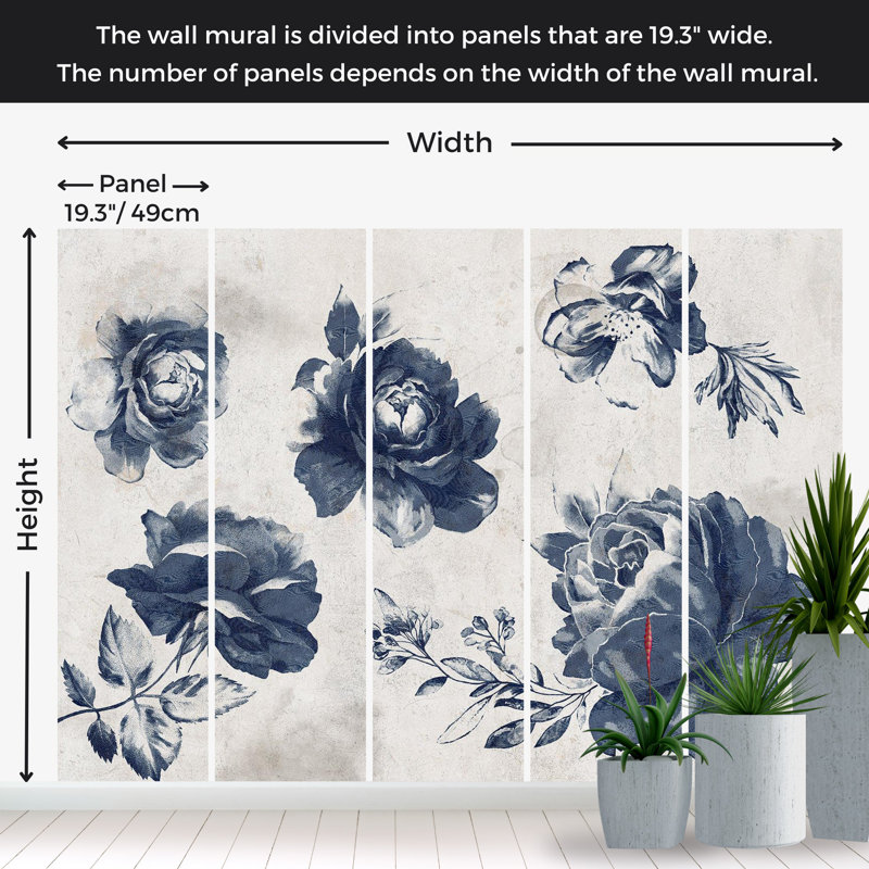 Adhésif mural floral pelez et collez - Jardin des souvenirs - bleu, L 82 po x l 115 po