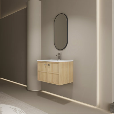 30" Wall-Mounted Bathroom Vanity Whit Ceramic Sink, 2-Soft Closing Door, Oak, Plywood