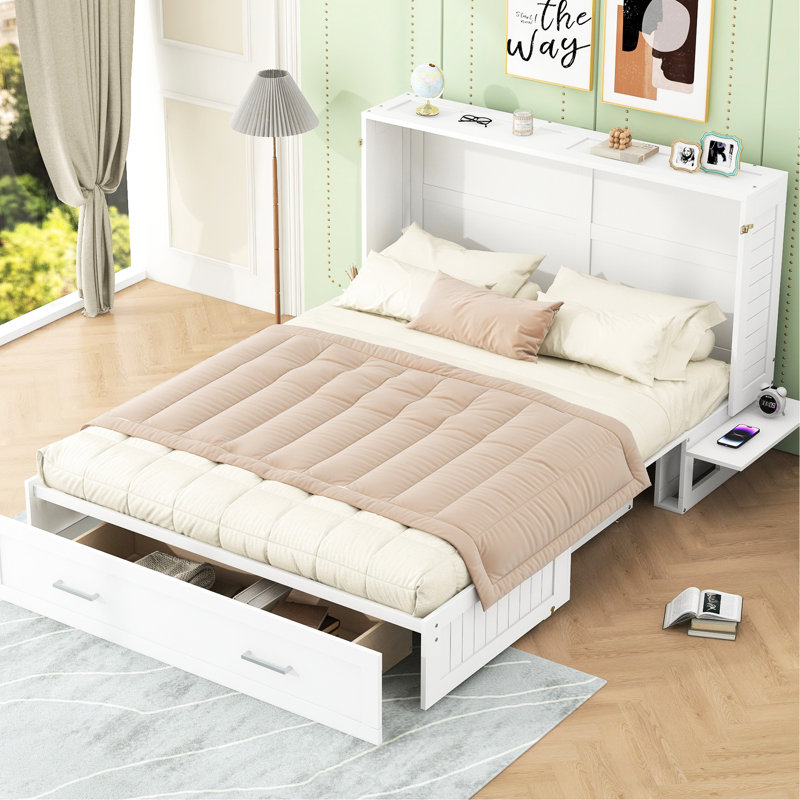 Lit blanc pour grand lit avec tiroir de rangement et tablette pratique, format pratique