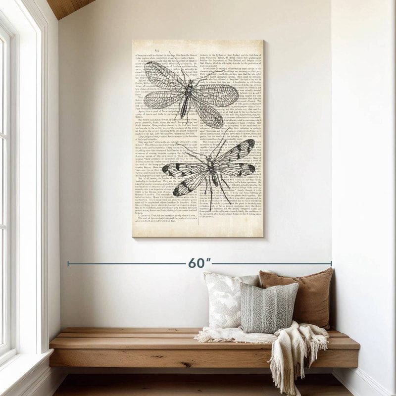 Libellules Brampt rétro sur papier journal, H 45 po x l 30 po