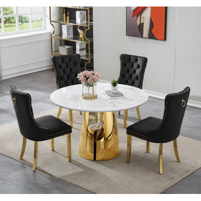 Dining Table Set, 45" Round Marble Dining Table with Velvet Dining Chairs, Circle Kitchen Table Set with Base, Dining Room Table and Chairs Set