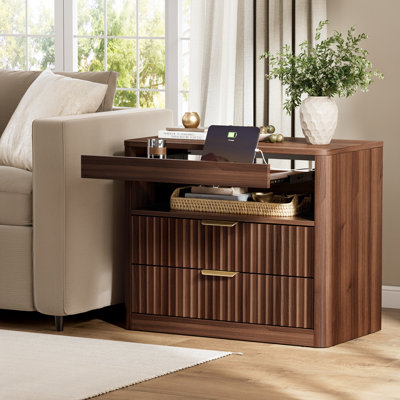 Table de chevet 27 po avec station de charge, 2 tiroirs et rangement ouvert, table de chevet avec plateau coulissant, table de bout de chambre à coucher moderne