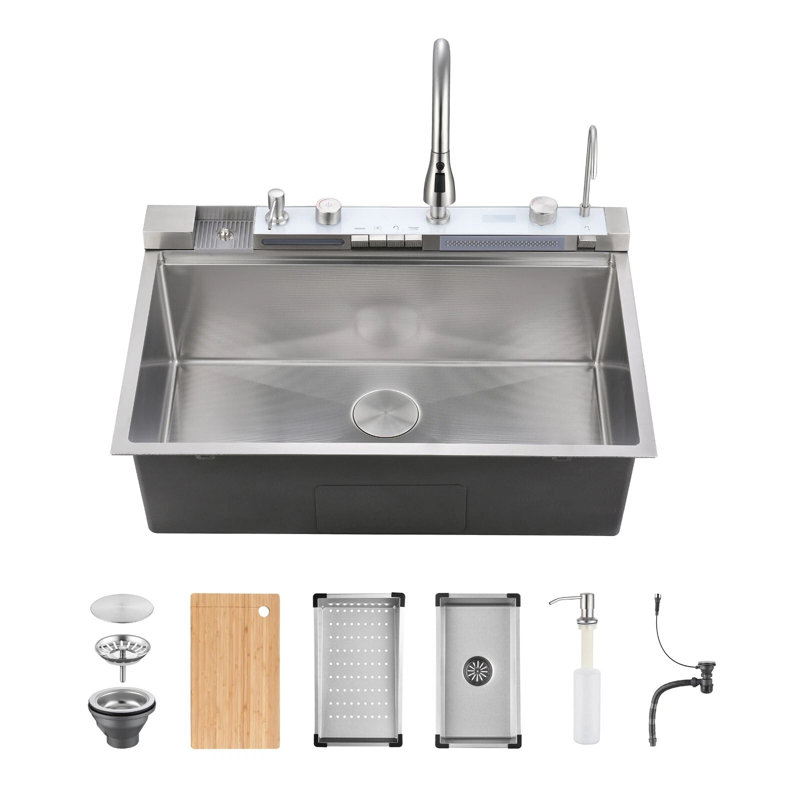 Robinet de lavabo de cuisine 33 po x 22 po à arc arqué multifonctionnel avec douchette extractible, sur comptoir