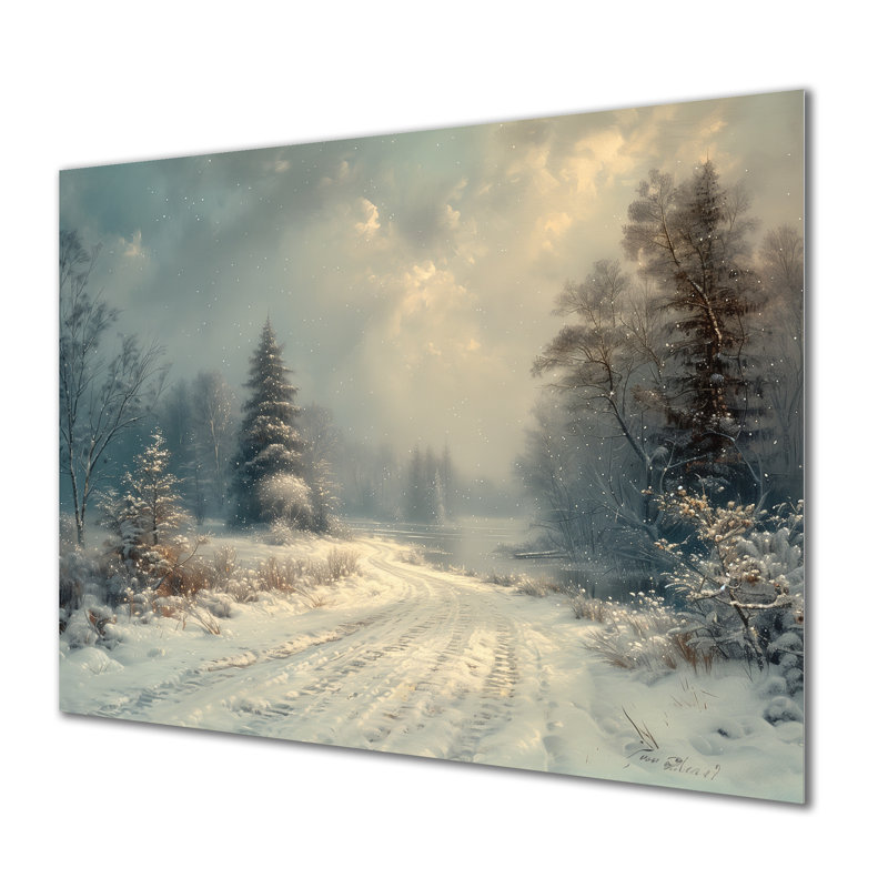 «White Grey Winter route into forest III - Winter Landscape», art mural sur toile, Métal métal, H 16 po x l 32 po