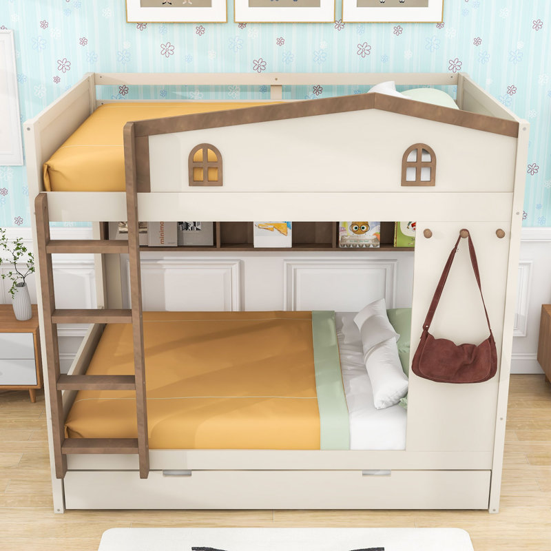 Lit superposé en bois avec lit gigogne, tablettes et lattes, Lit superposé double sur double, Naturel beige