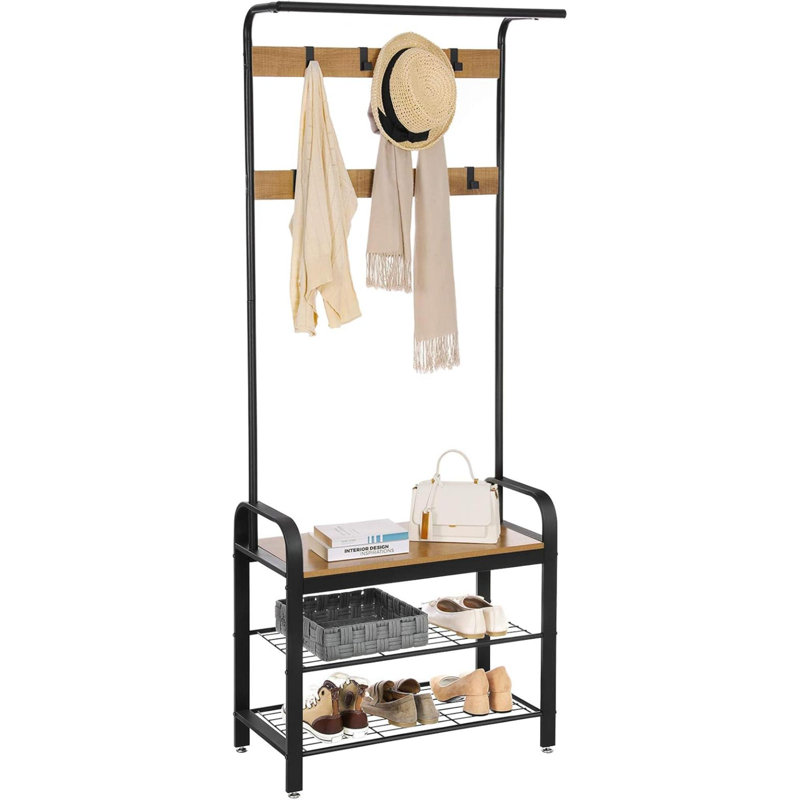 Coat Rack, Hall Tree With Shoe Bench For Entryway, Entryway Bench With Coat Rack, 4-In-1, With 9 Removable Hooks, A Hanging Rod, 13.3 X 28.3 X 72.1 Inches, Honey Brown And Black UHSR040B05