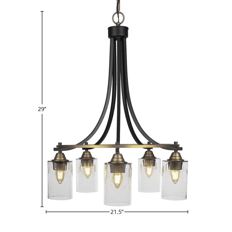 Lustre 5 lumières Michell, fini noir mat et laiton avec verre de 4 po, Bulle transparente