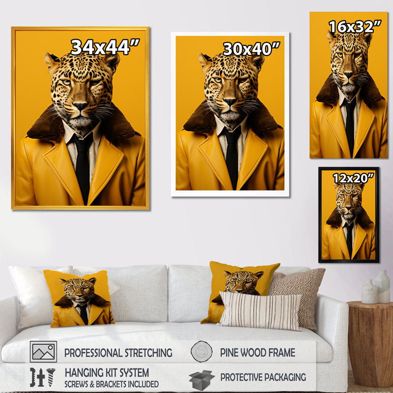 Art mural jaune guépard III, Cadre simple noir, H 32 po x l 24 po x P 1 po