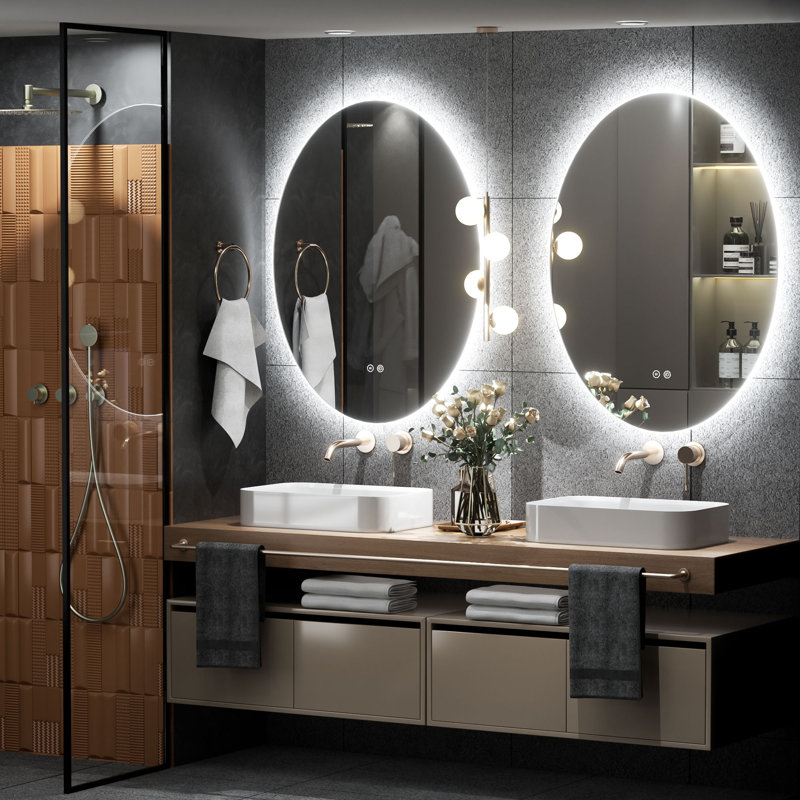 Miroir de salle de bain mural en verre trempé Molly, 28 po x 20 po, Ovale
