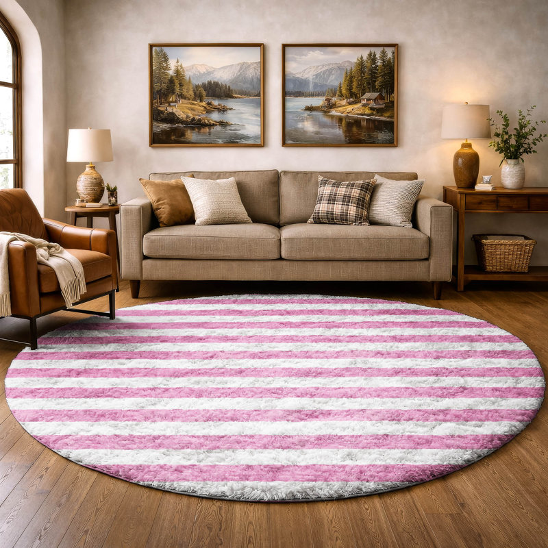 Premium Machine Washable Dream Shag ADS528 Striped Rug, Pink, 8' Round