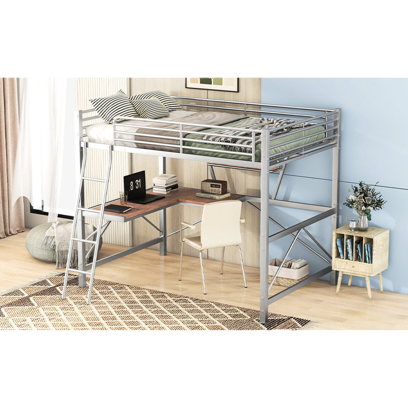 Lit mezzanine argenté pleine grandeur en métal et lit avec tablette de bureau - Robuste et stable