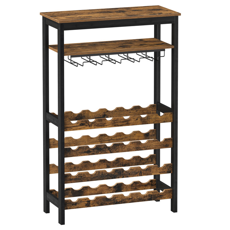 24-Bottle Wine Rack Free Standing Floor, Display Wine Storage Shelves With Glass Holder Rack, Wobble-Free Bottle Holder For Kitchen Bar Dining Room, Rustic Brown