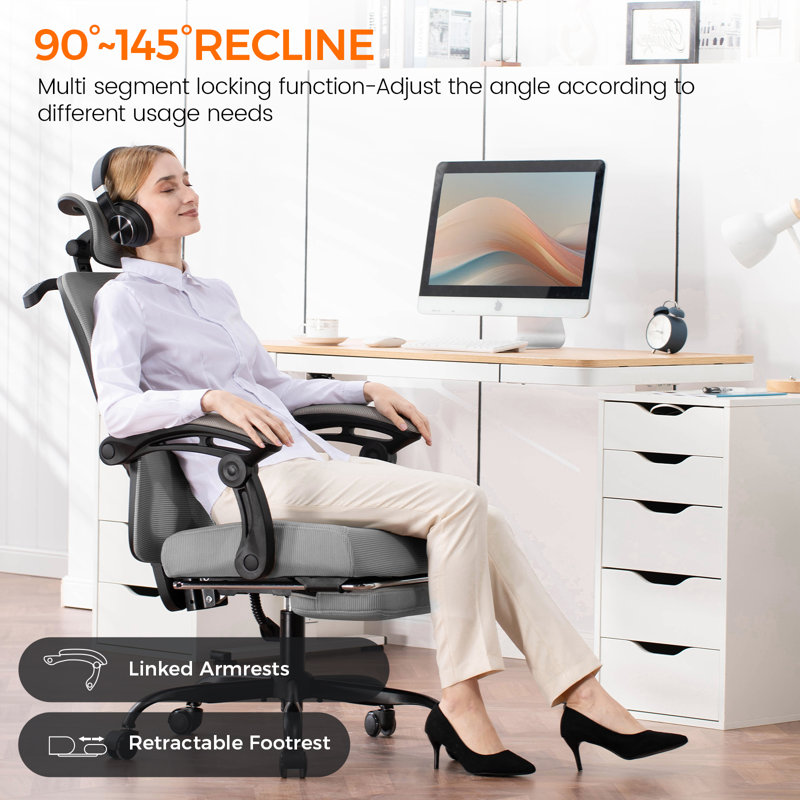 Hermann High Back Ergonomic Computer Chair 3D Adjustable Lumbar Support Comfy Breathable Reclining Mesh Hermann 3D Agjustable Headrest With Footrest Upgraded Linkage Armrest