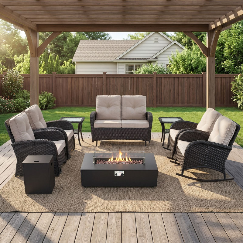 Ensemble de conversation 8 pièces avec chaises berçantes et pivotantes pour l'extérieur, Beige, Noir