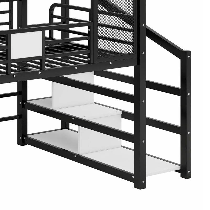 Lit mezzanine en métal avec glissade, escalier et tablettes de rangement, Lit double, Noir