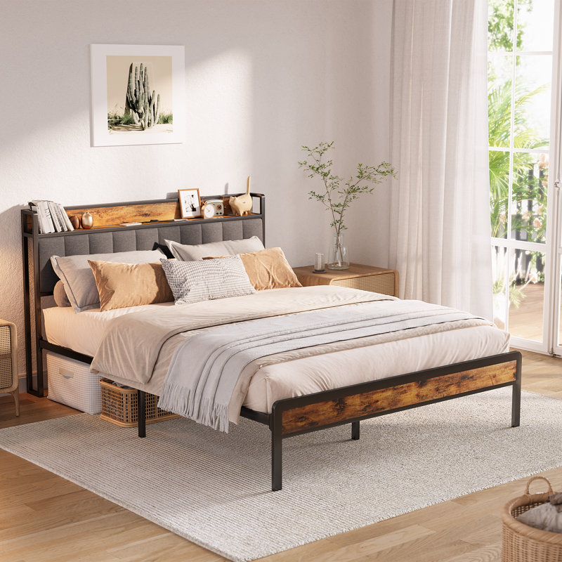 Modern Metal Platform Bed with Linen-Upholstered Storage Headboard & Open Bookcase Shelves – High Leg Design, Dark Gray