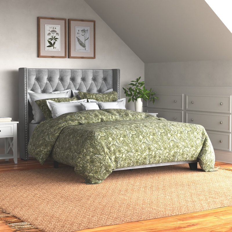 Lit standard tapissier Sanders, Très grand, Velours argent / gris