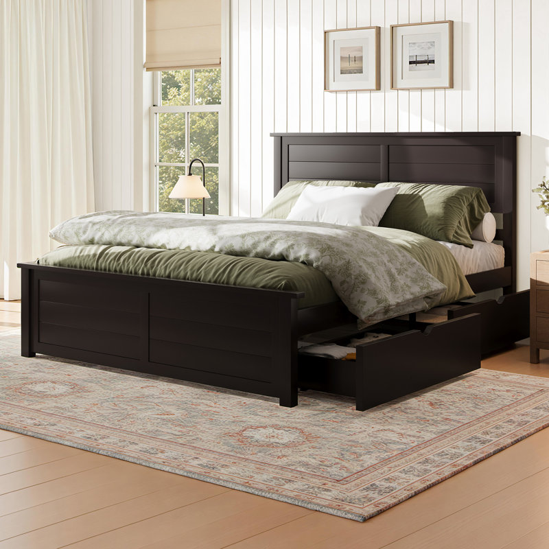 Grand lit plateforme en bois massif avec 4 tiroirs de rangement, pour enfants, adolescents, espresso, Grand lit, Brun