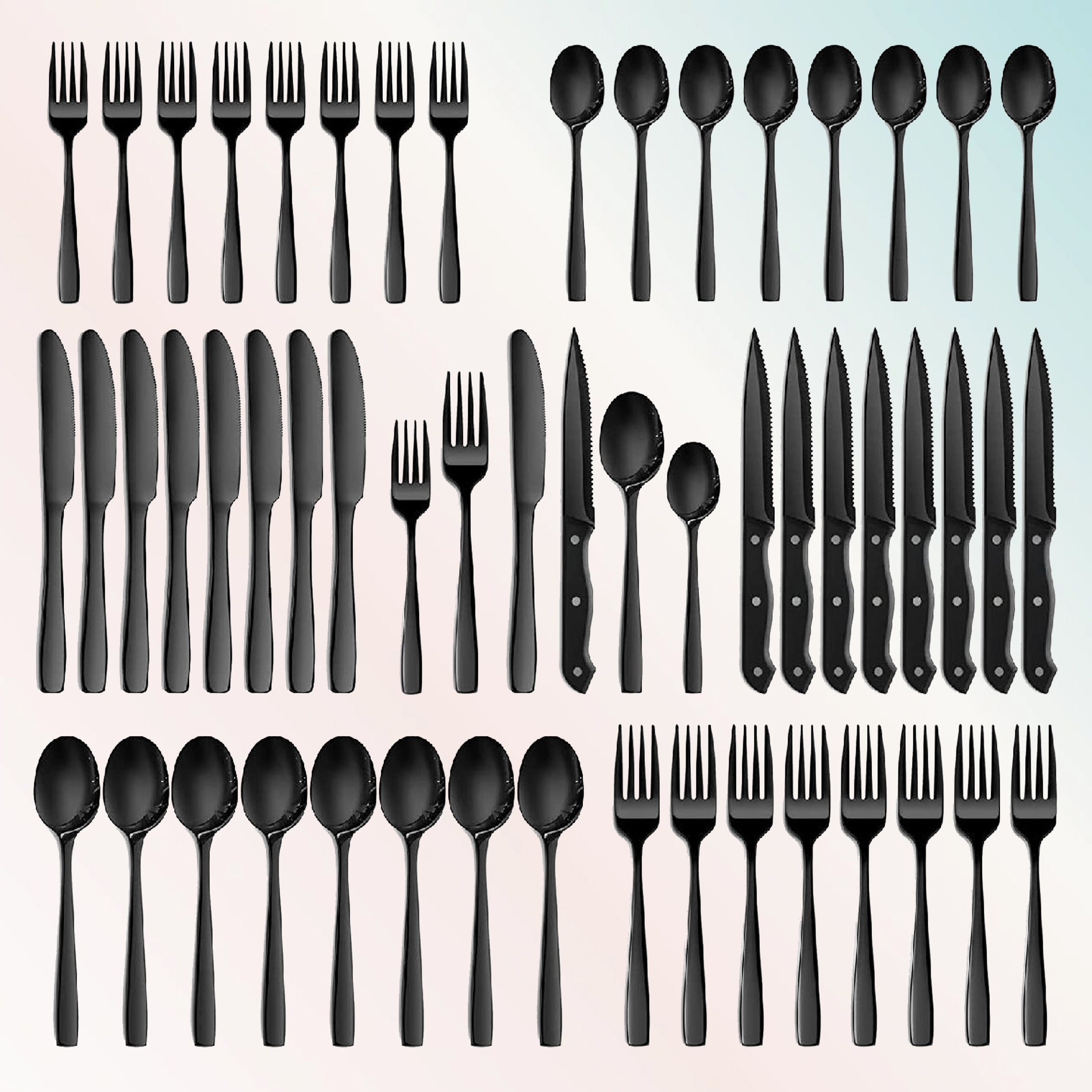 48-Piece Black Silverware Set with Steak Knives, Black Flatware Set for 8,  Food-Grade Stainless Steel Tableware Cutlery Set