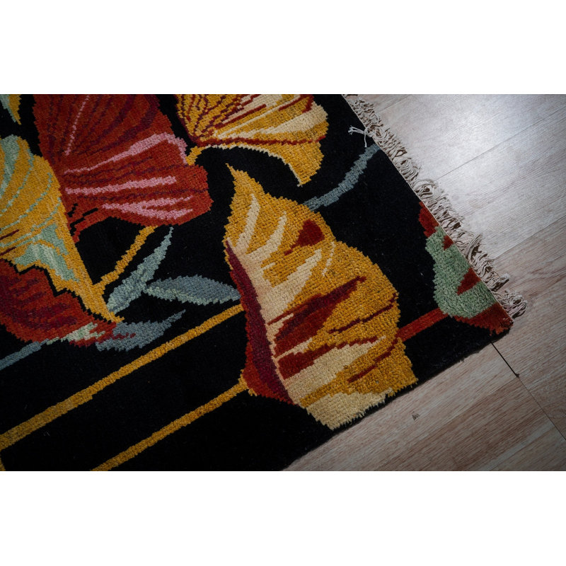 Hand-Knotted Black Wool Contemporary Art Nouveau Floral Area Rug